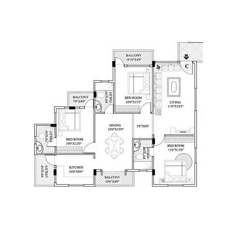 Floor plan of 3 BHK 1347 Sq. Ft. Apartment in CMRS Sunny Dew, Bangalore