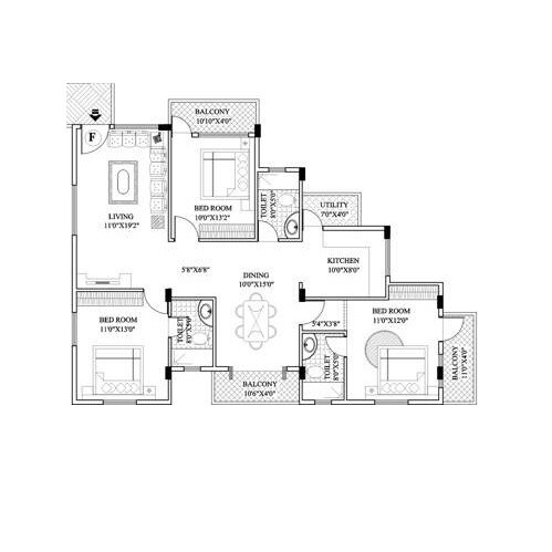 Floor plan of 3 BHK 1464 Sq. Ft. Apartment in CMRS Sunny Dew, Bangalore