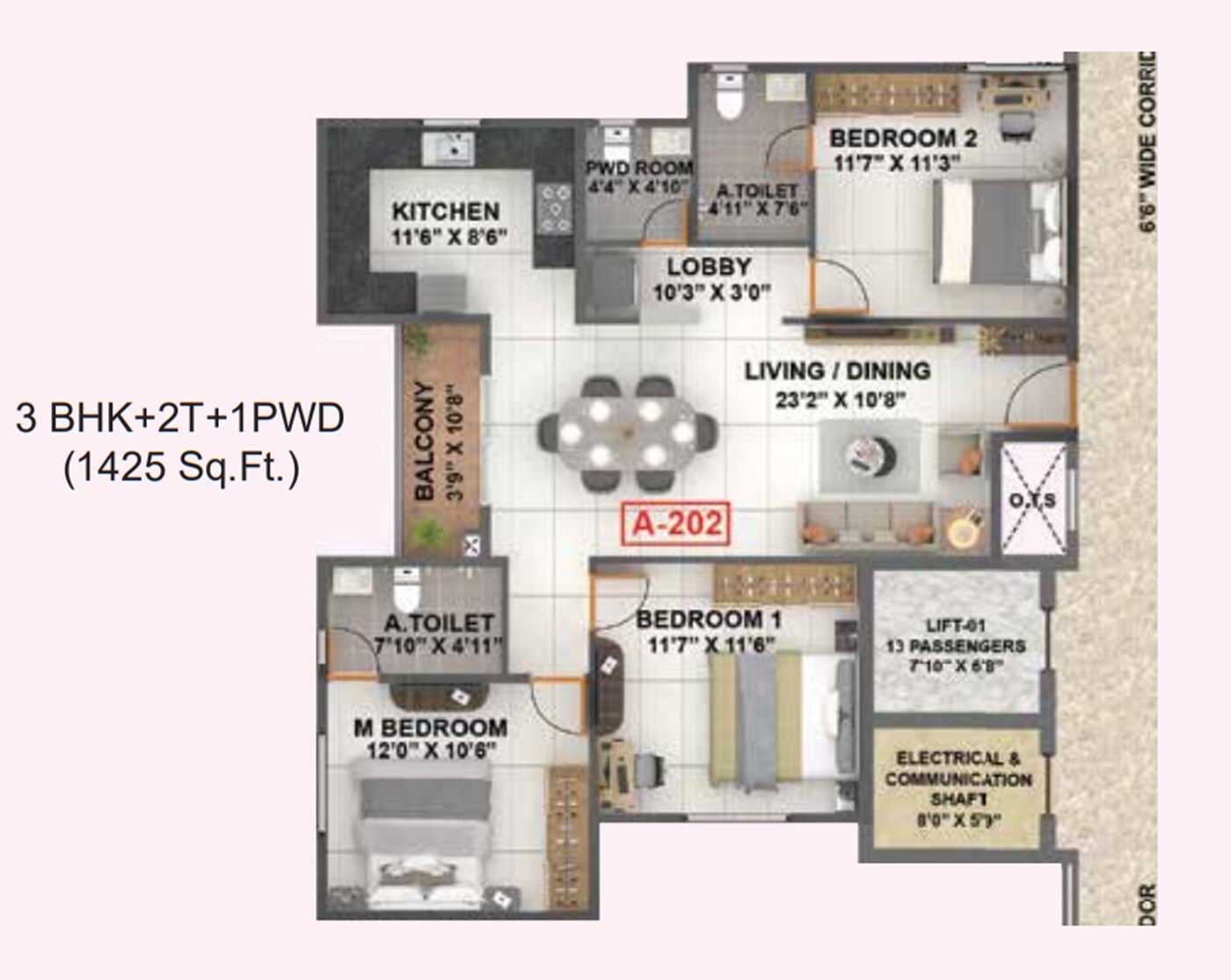 3 BHK 1425 Sq. Ft. Apartment