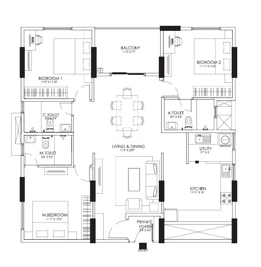 3 BHK 1665 Sq. Ft. Apartment