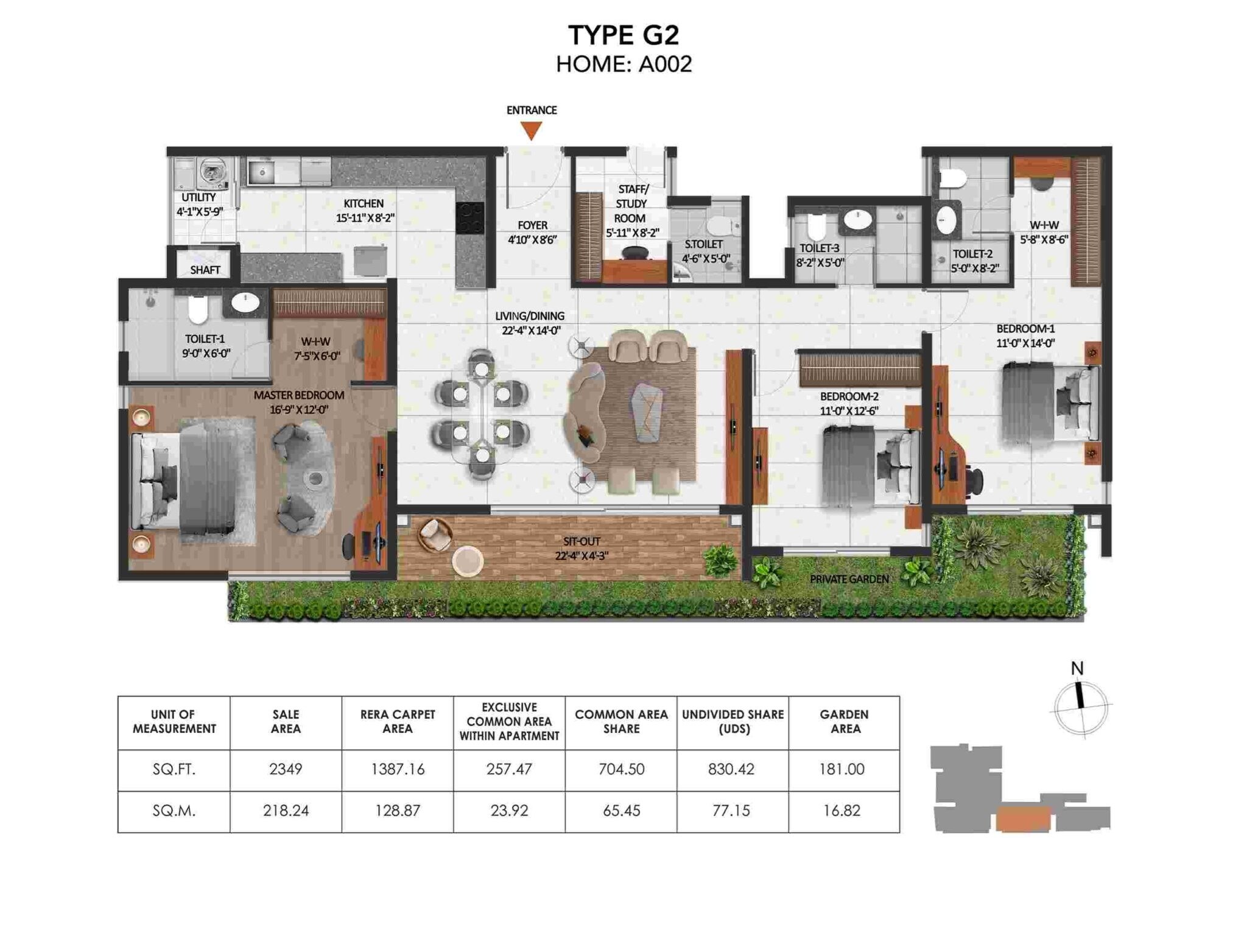 Floor plan of 3 BHK 2349 Sq. Ft. Apartment in Coevolve Misty Shores, Bangalore