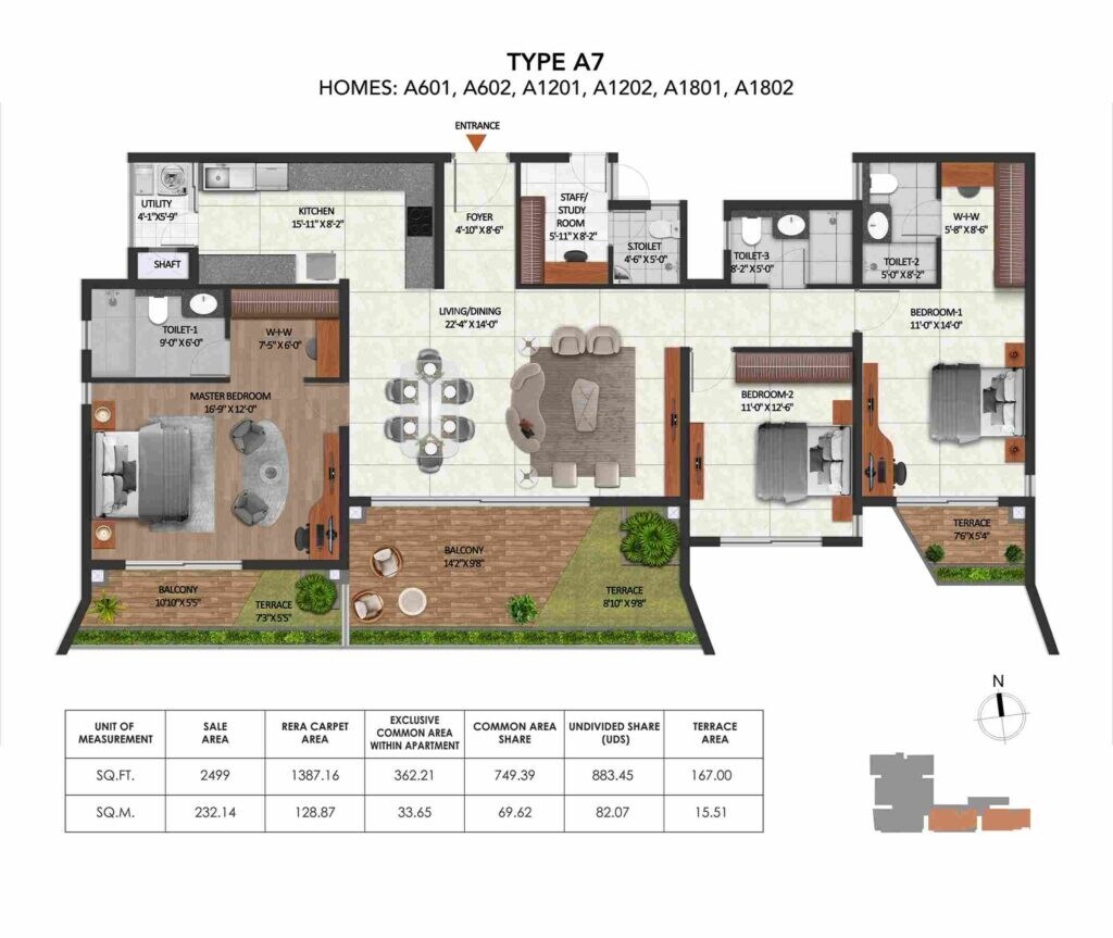 Floor plan of 3 BHK 2499 Sq. Ft. Apartment in Coevolve Misty Shores, Bangalore