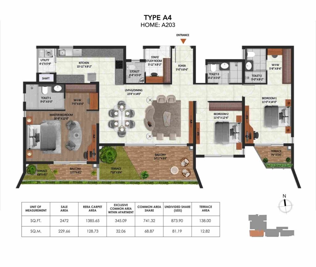 Floor plan of 3 BHK 2472 Sq. Ft. Apartment in Coevolve Misty Shores, Bangalore