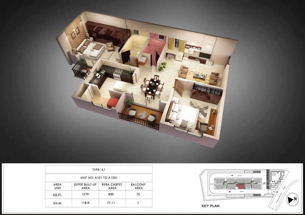Floor plan of 2 BHK 1279 Sq. Ft. Apartment in Coevolve Northern Star, Bangalore