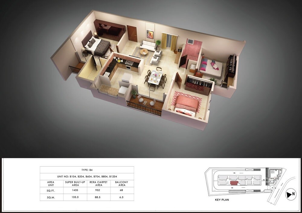 Floor plan of 3 BHK 1435 Sq. Ft. Apartment in Coevolve Northern Star, Bangalore