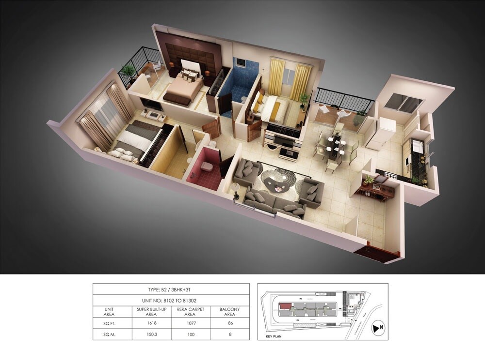 Floor plan of 3 BHK 1618 Sq. Ft. Apartment in Coevolve Northern Star, Bangalore