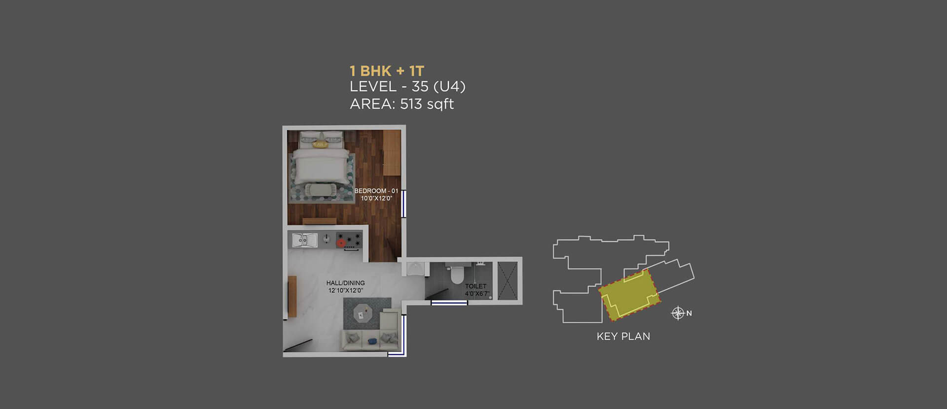 Floor plan of 1 BHK 513 Sq. Ft. Apartment in Columbia Aaltius, Bangalore