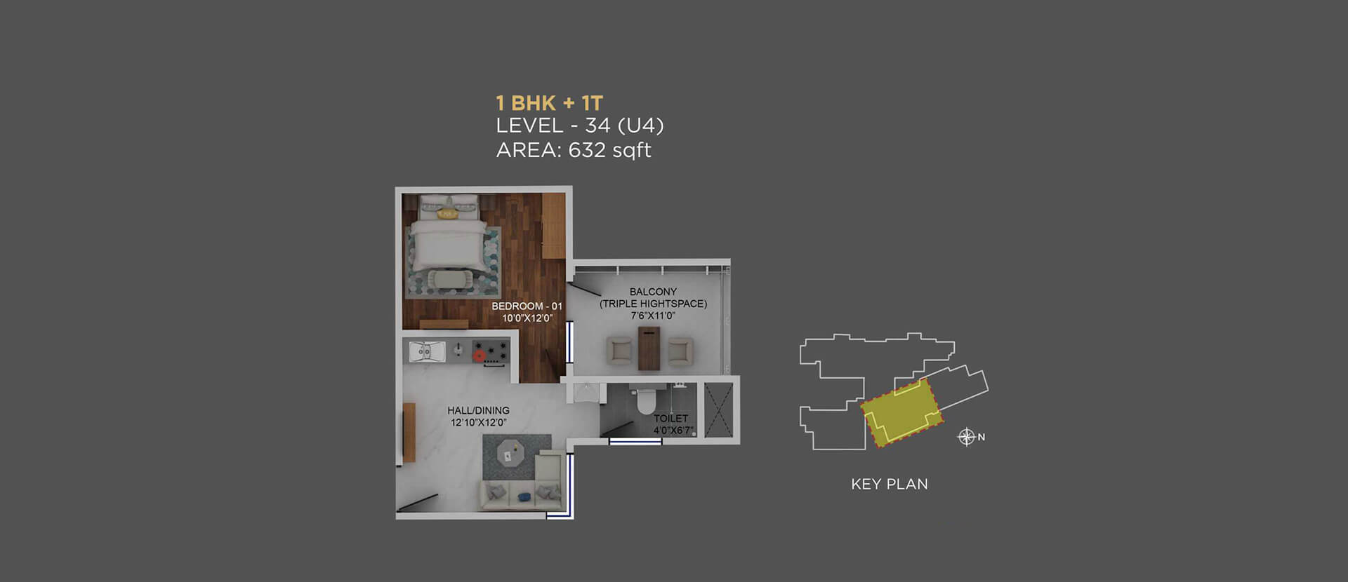 Floor plan of 1 BHK 632 Sq. Ft. Apartment in Columbia Aaltius, Bangalore