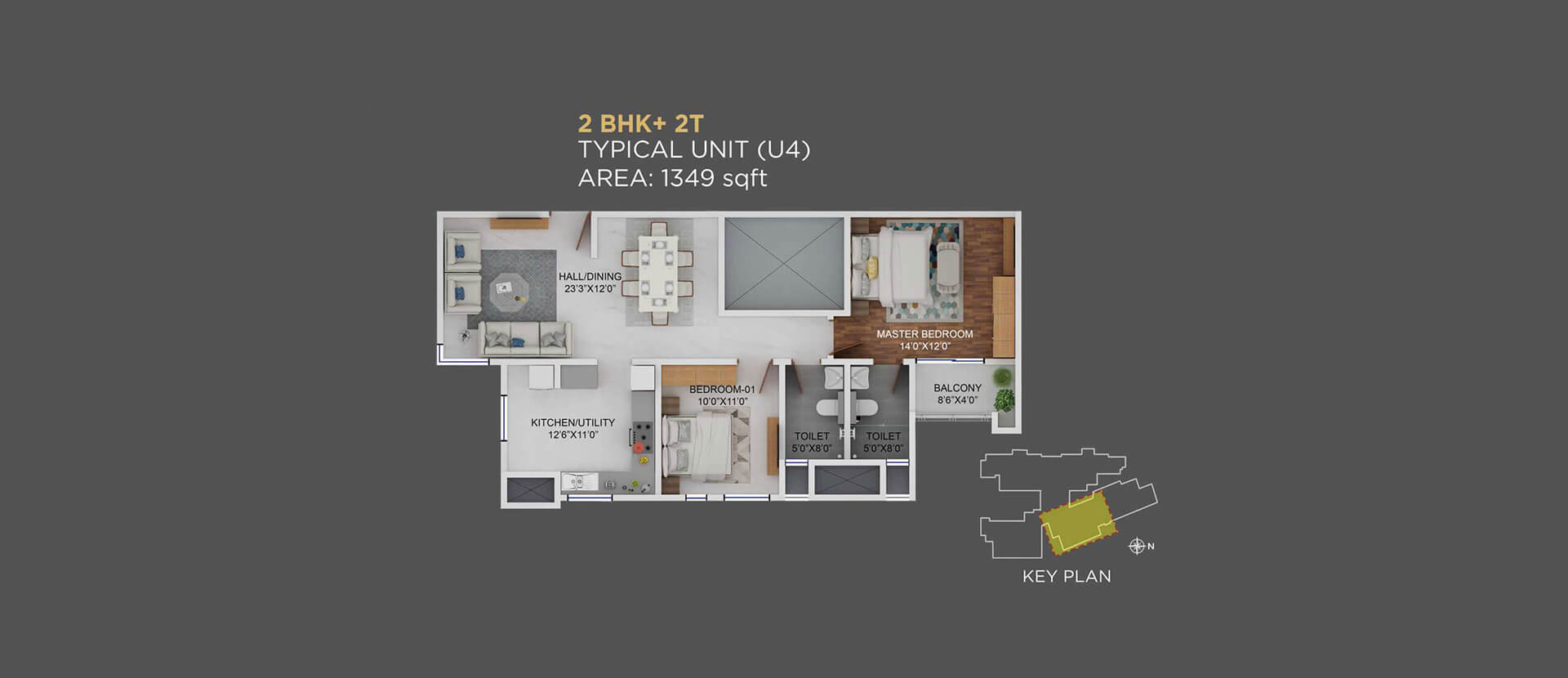 Floor plan of 2 BHK 1349 Sq. Ft. Apartment in Columbia Aaltius, Bangalore