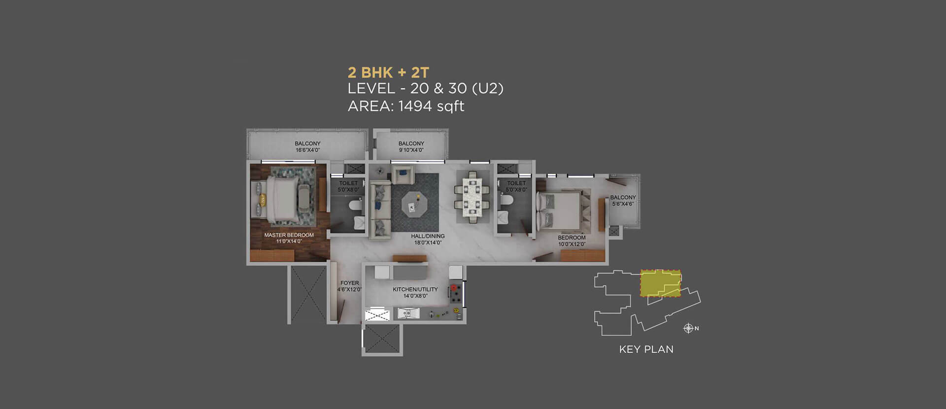Floor plan of 2 BHK 1494 Sq. Ft. Apartment in Columbia Aaltius, Bangalore