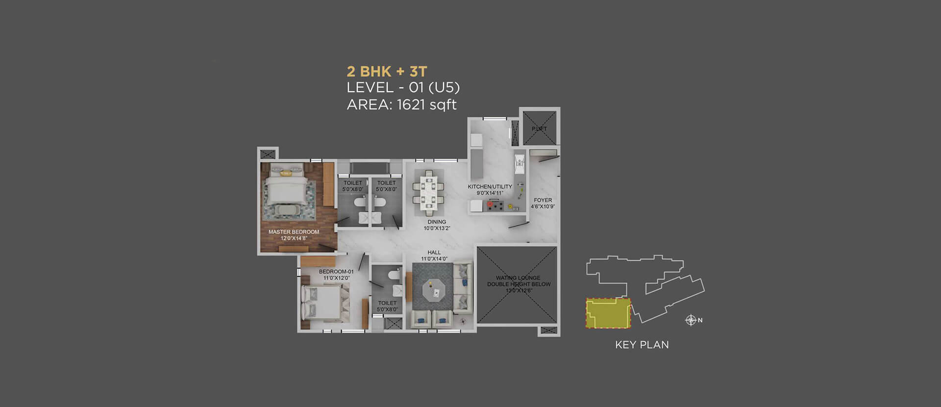 Floor plan of 2 BHK 1621 Sq. Ft. Apartment in Columbia Aaltius, Bangalore