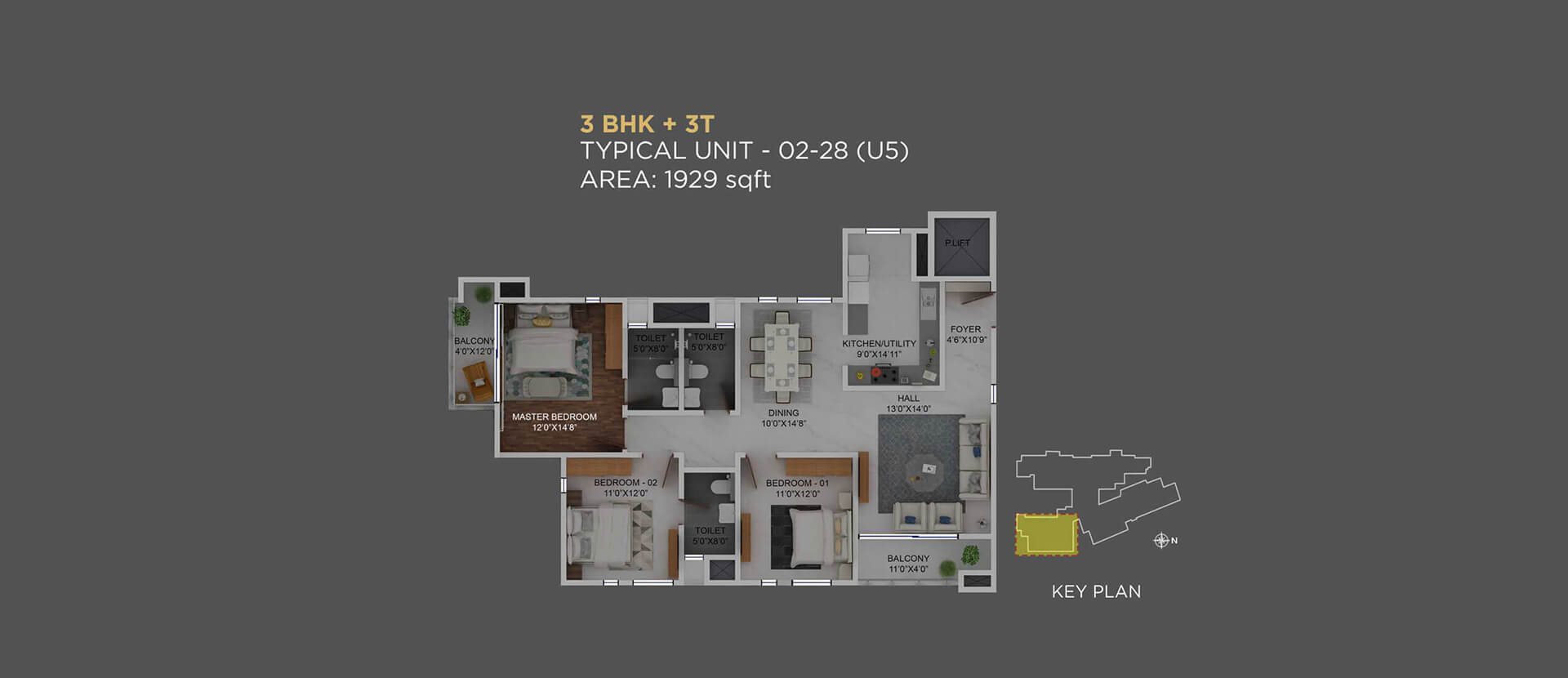 Floor plan of 3 BHK 1929 Sq. Ft. Apartment in Columbia Aaltius, Bangalore