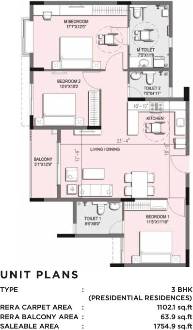 Floor plan of 3 BHK 1755 Sq. Ft. Apartment in Columbia Pacific Communities The Virtuoso, Bangalore