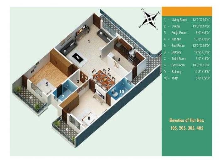 Floor plan of 2 BHK Apartment - 1035 sq. ft. in Comfort Flora, Bangalore