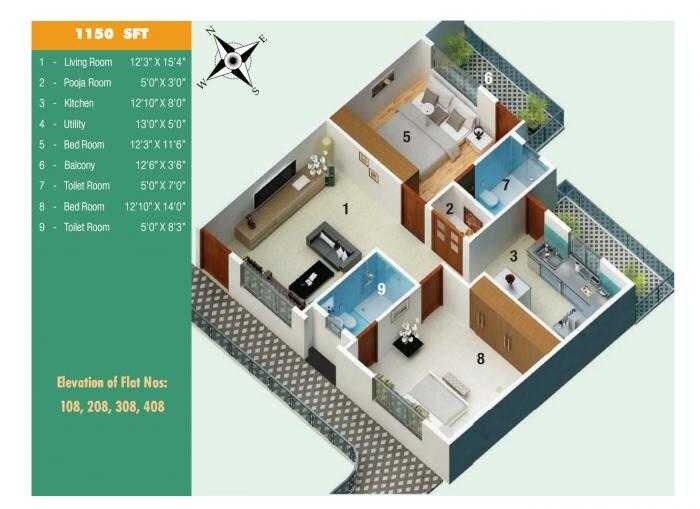 Floor plan of 2 BHK Apartment - 1150 sq. ft. in Comfort Flora, Bangalore