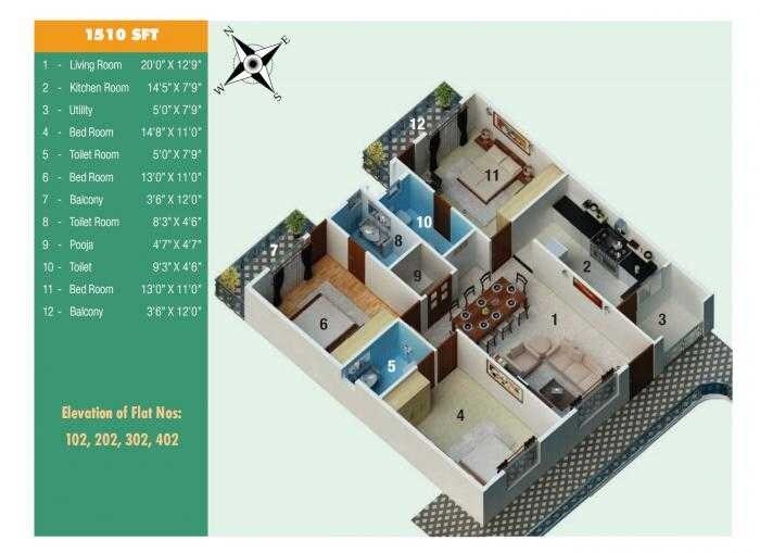 Floor plan of 3 BHK Apartment - 1510 sq. ft. in Comfort Flora, Bangalore