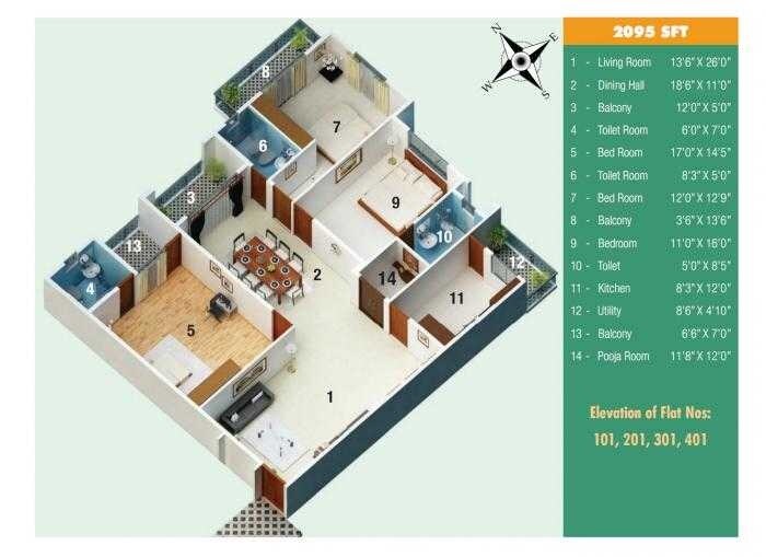 Floor plan of 3 BHK Apartment - 2095 sq. ft. in Comfort Flora, Bangalore
