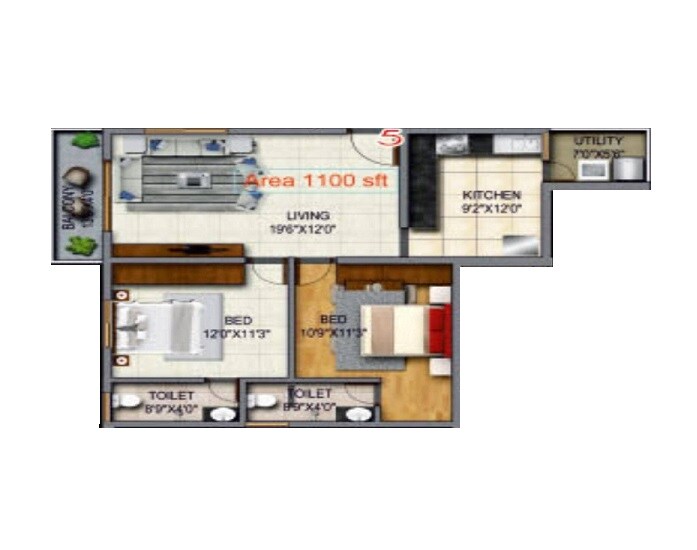 Floor plan of 2 BHK 1100 Sq. Ft. Apartment in Comfort Lalbagh Residency, Bangalore