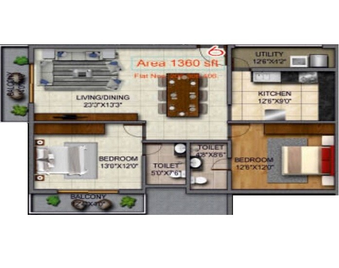 Floor plan of 2 BHK 1360 Sq. Ft. Apartment in Comfort Lalbagh Residency, Bangalore