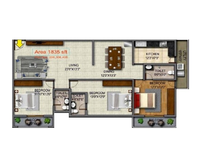 Floor plan of 3 BHK 1835 Sq. Ft. Apartment in Comfort Lalbagh Residency, Bangalore