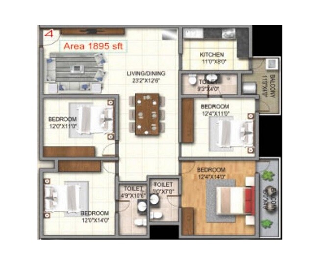 Floor plan of 4 BHK 1895 Sq. Ft. Apartment in Comfort Lalbagh Residency, Bangalore