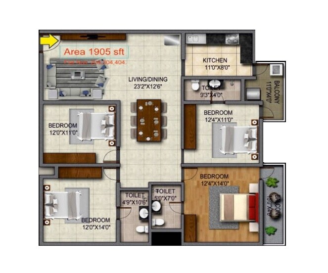 Floor plan of 4 BHK 1905 Sq. Ft. Apartment in Comfort Lalbagh Residency, Bangalore
