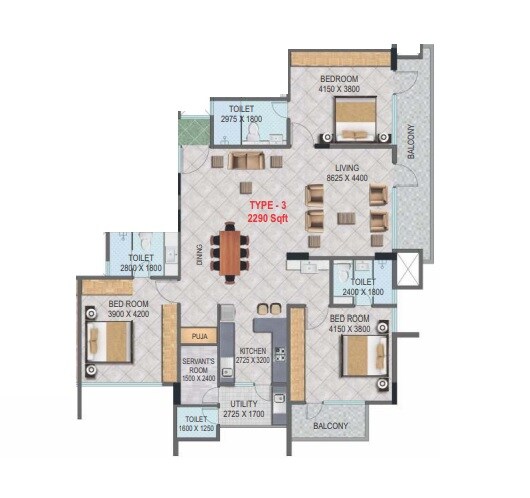 Floor plan of 3 BHK 2290 Sq. Ft. Apartment in Comfort Vimalaprabha, Bangalore