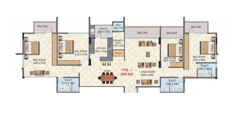 Floor plan of 4 BHK 2890 Sq. Ft. Apartment in Comfort Vimalaprabha, Bangalore
