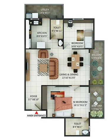 Floor plan of 2 BHK 1376 Sq. Ft. Apartment in Concorde Alta Monte, Bangalore