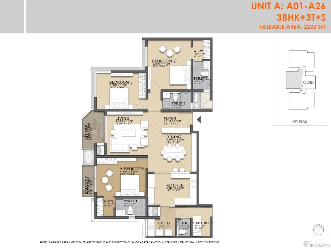 Floor plan of 3 BHK 2232 Sq. Ft. Apartment in Concorde Crescent Bay, Bangalore