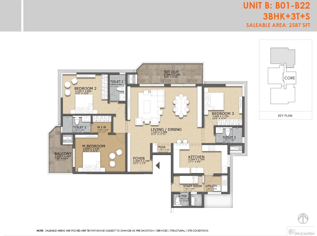 Floor plan of 3 BHK 2587 Sq. Ft. Apartment in Concorde Crescent Bay, Bangalore