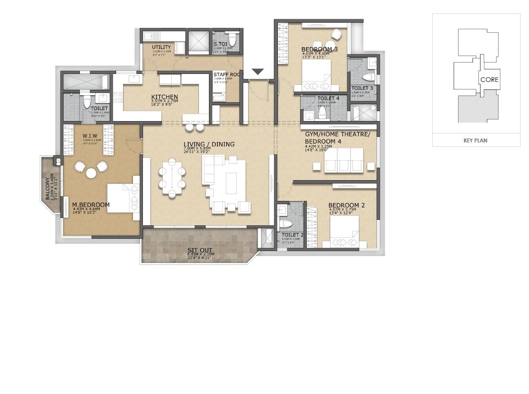 Floor plan of 4 BHK 3106 Sq. Ft. Apartment in Concorde Crescent Bay, Bangalore