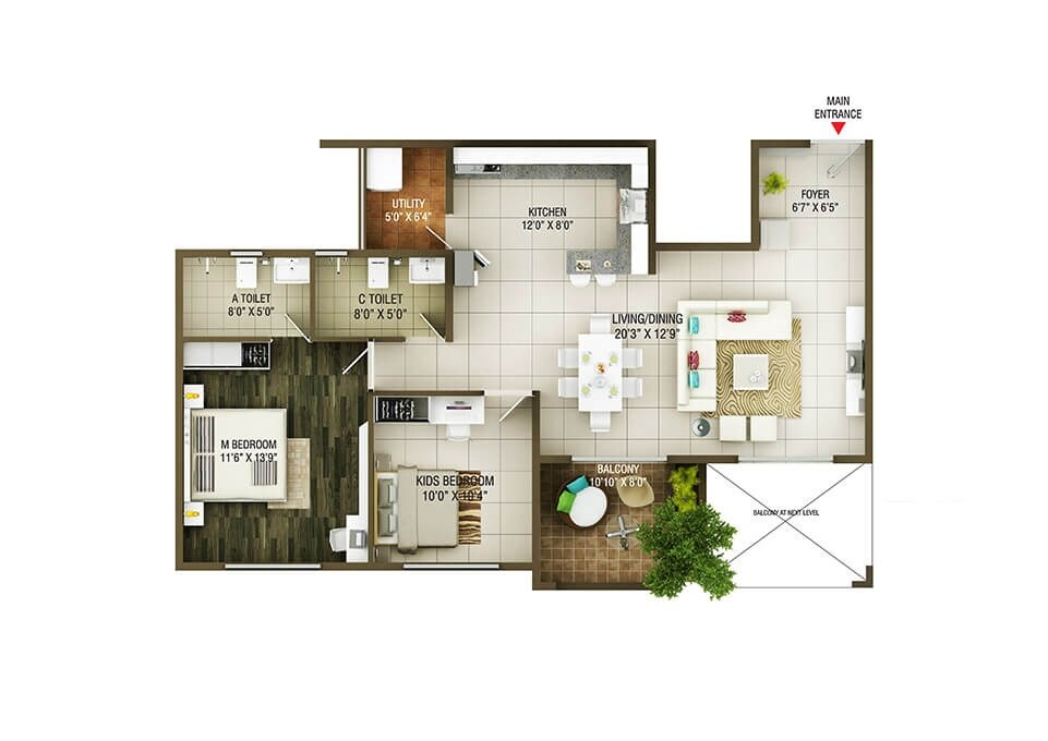 Floor plan of 2 BHK 1149 Sq. Ft. Apartment in Concorde Epitome, Bangalore