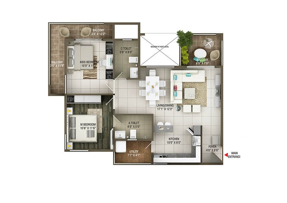 Floor plan of 2 BHK 1166 Sq. Ft. Apartment in Concorde Epitome, Bangalore