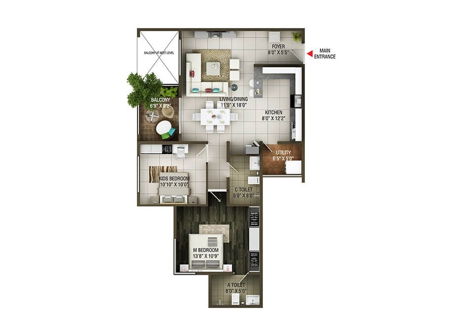 Floor plan of 2 BHK 1186 Sq. Ft. Apartment in Concorde Epitome, Bangalore