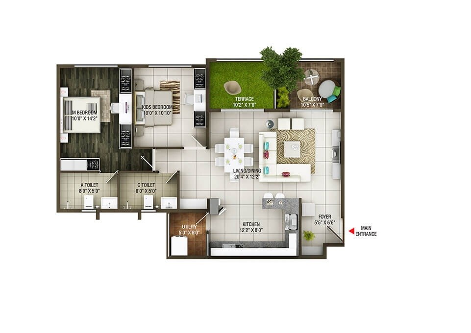 Floor plan of 2 BHK 1191 Sq. Ft. Apartment in Concorde Epitome, Bangalore