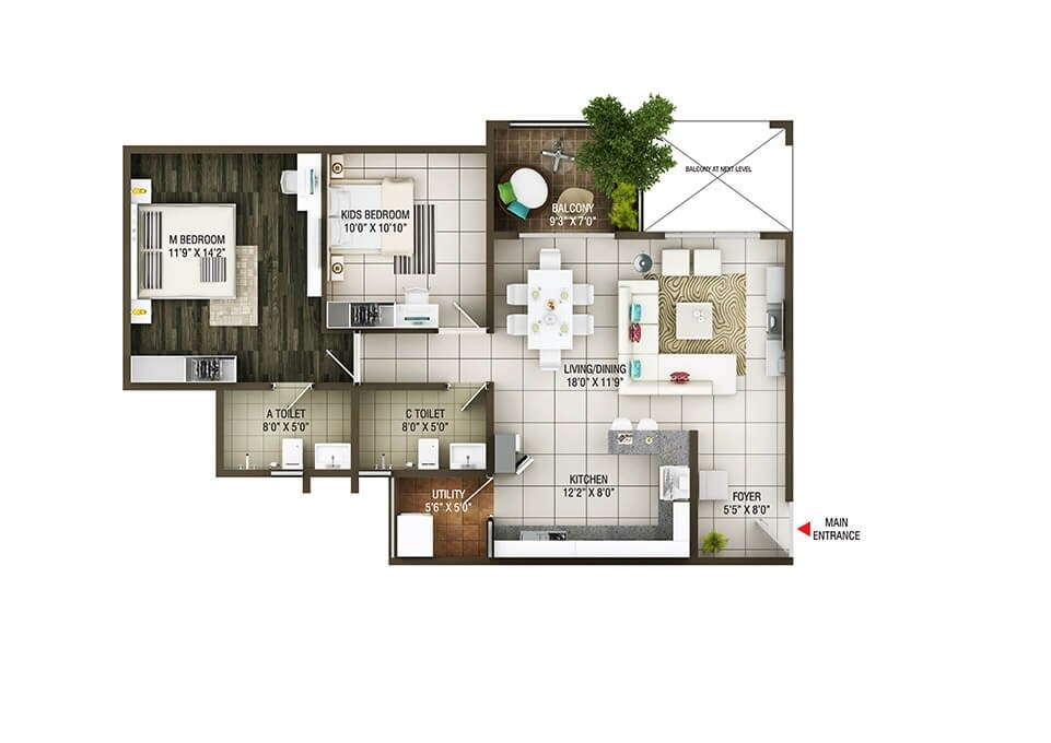 Floor plan of 2 BHK 1193 Sq. Ft. Apartment in Concorde Epitome, Bangalore