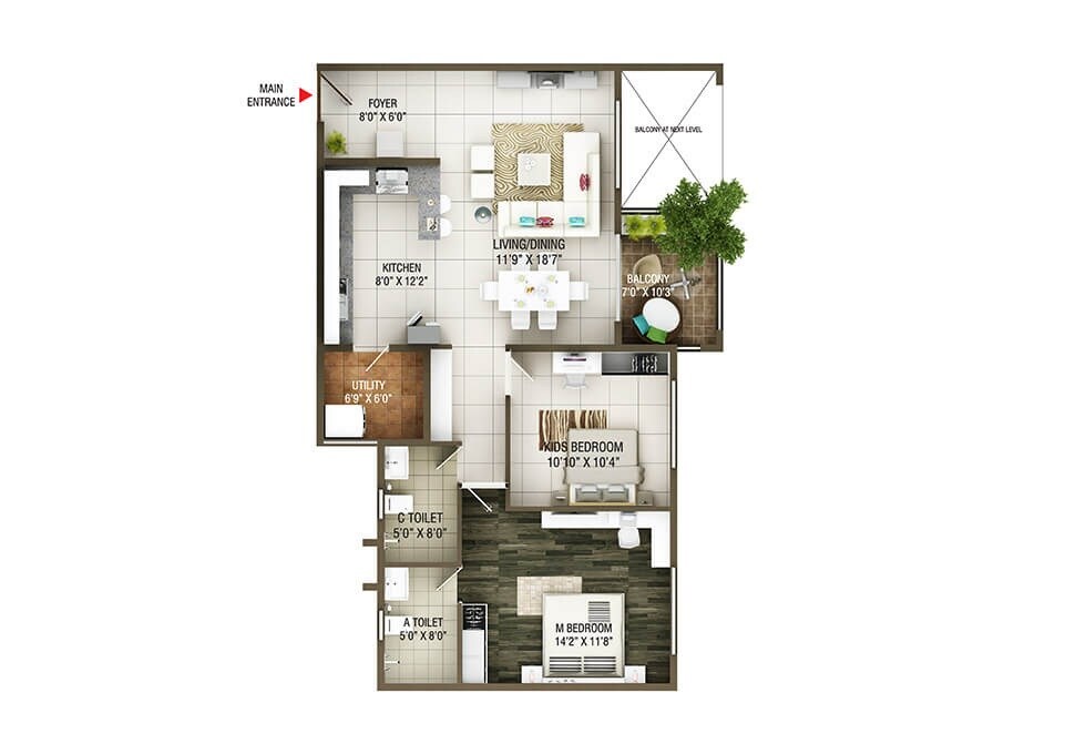 Floor plan of 2 BHK 1209 Sq. Ft. Apartment in Concorde Epitome, Bangalore