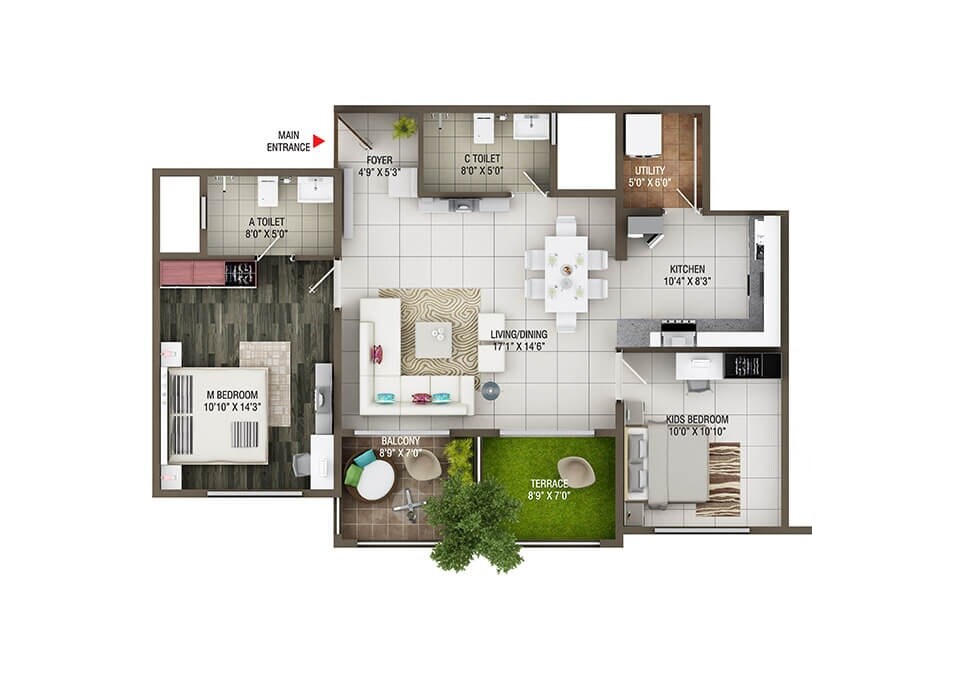 Floor plan of 2 BHK 1243 Sq. Ft. Apartment in Concorde Epitome, Bangalore