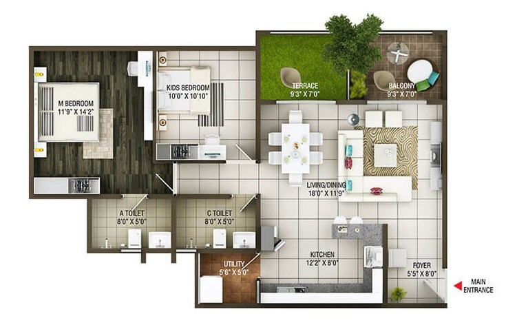 Floor plan of 2 BHK 1244 Sq. Ft. Apartment in Concorde Epitome, Bangalore