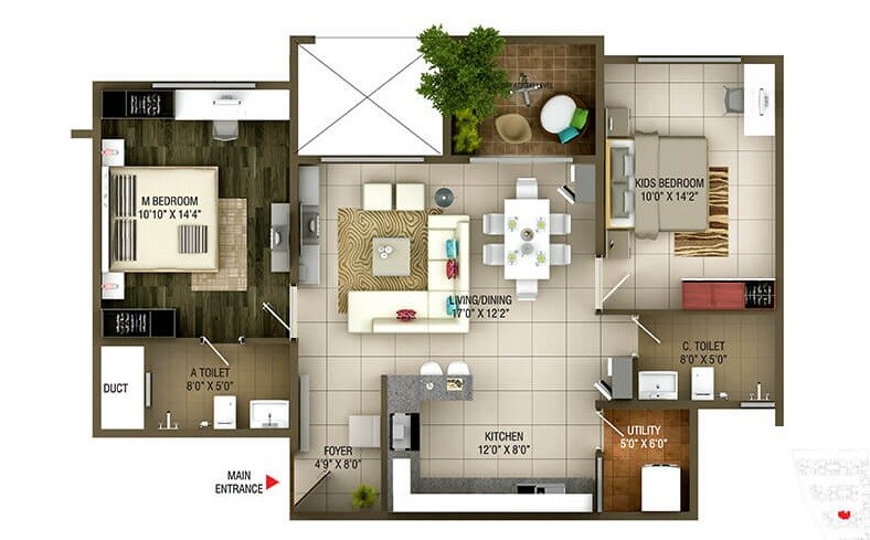 Floor plan of 2 BHK 900 Sq. Ft. Apartment in Concorde Epitome, Bangalore