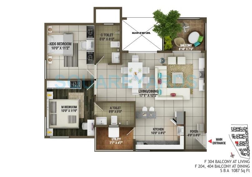 Floor plan of 1 BHK 1000 Sq. Ft. Apartment in Concorde Epitome, Bangalore