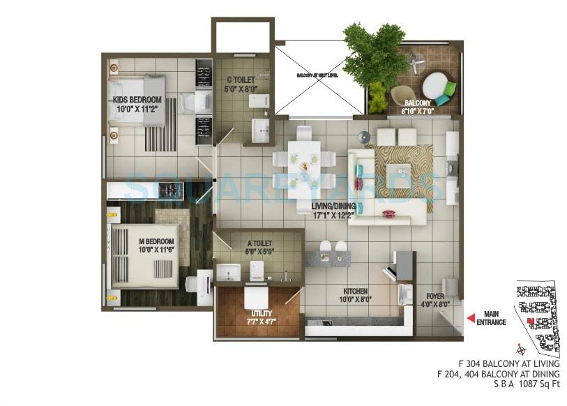 Floor plan of 1 BHK 1100 Sq. Ft. Apartment in Concorde Epitome, Bangalore