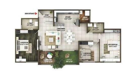 Floor plan of 3 BHK 1418 Sq. Ft. Apartment in Concorde Epitome, Bangalore