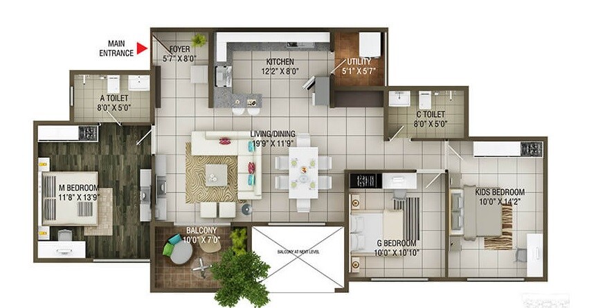 Floor plan of 3 BHK 1449 Sq. Ft. Apartment in Concorde Epitome, Bangalore