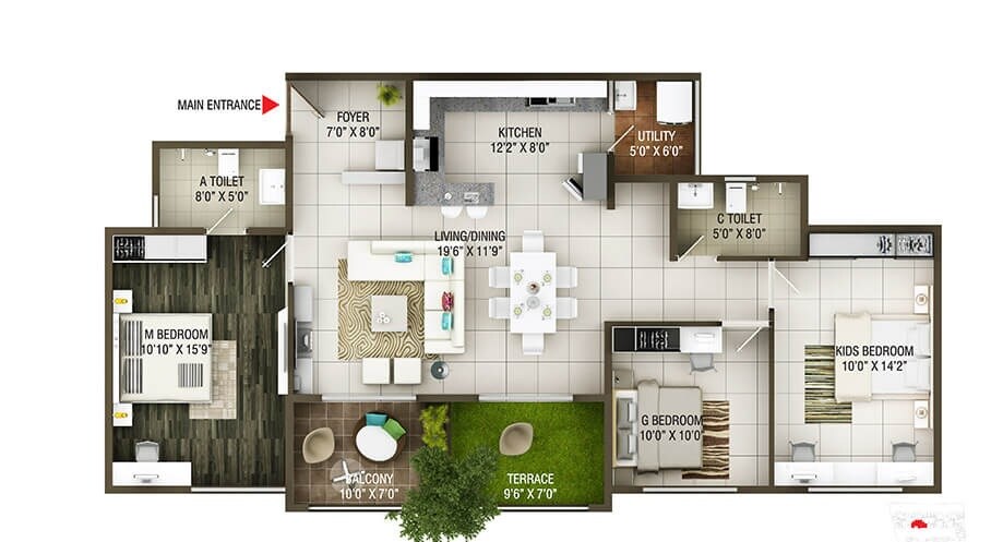Floor plan of 3 BHK 1499 Sq. Ft. Apartment in Concorde Epitome, Bangalore