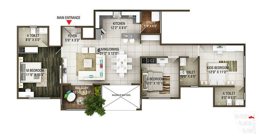 Floor plan of 3 BHK 1502 Sq. Ft. Apartment in Concorde Epitome, Bangalore