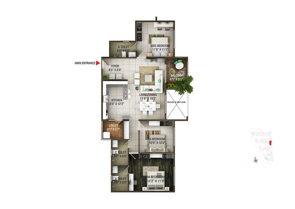 Floor plan of 3 BHK 1619 Sq. Ft. Apartment in Concorde Epitome, Bangalore