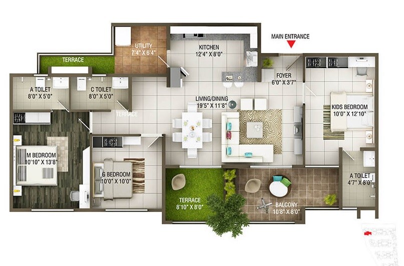 Floor plan of 3 BHK 1648 Sq. Ft. Apartment in Concorde Epitome, Bangalore