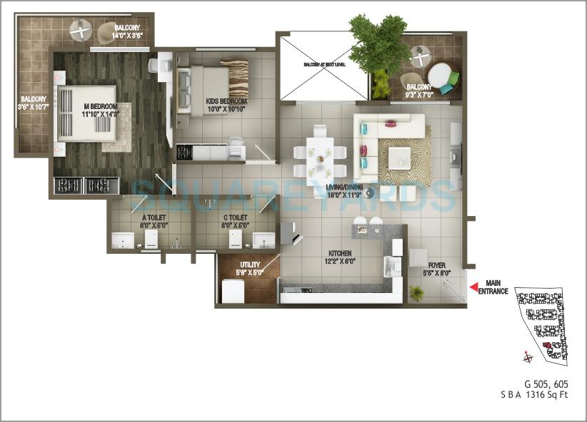Floor plan of 1 BHK 1316 Sq. Ft. Apartment in Concorde Epitome, Bangalore